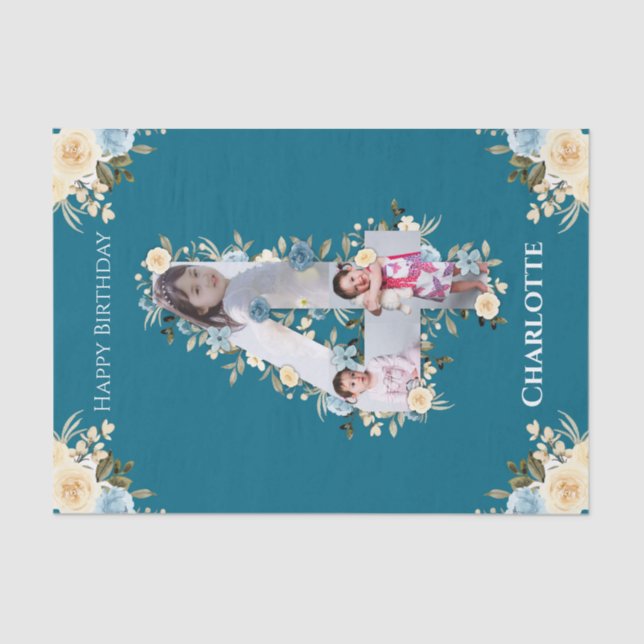 4th Birthday Photo Collage Teal Blue Yellow Flower Tissue Paper (Front)