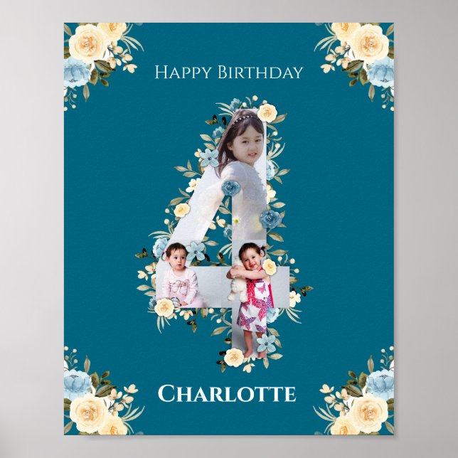 4th Birthday Photo Teal Collage Blue Yellow Flower Poster (Front)