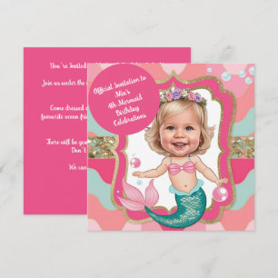 4th Birthday Pink and Teal Mermaid Caricature  Invitation