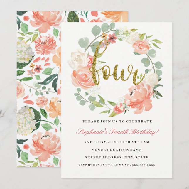 4th Birthday Pink Gold Floral Wreath Invitation (Front/Back)