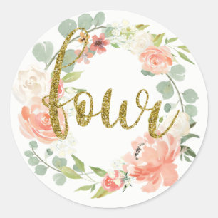 4th Birthday Pink Gold Floral Wreath Sticker