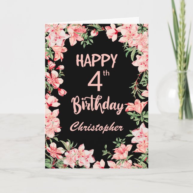 4th Birthday Pink Peach Watercolor Floral Black Card (Front)