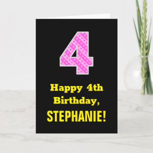 4th Birthday: Pink Stripes and Hearts "4" + Name Card