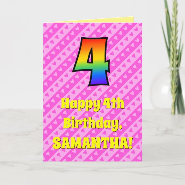 4th Birthday: Pink Stripes & Hearts, Rainbow # 4 Card (Front)