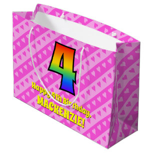 4th Birthday: Pink Stripes & Hearts, Rainbow # 4 Large Gift Bag
