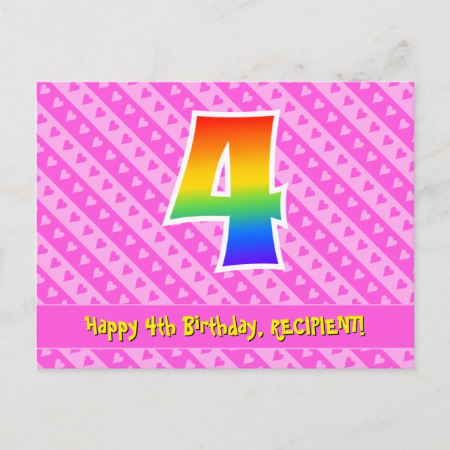 4th Birthday: Pink Stripes & Hearts, Rainbow 4 Postcard (Front)