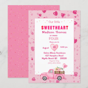 4th Birthday Pink Truck Hearts Party Invitation