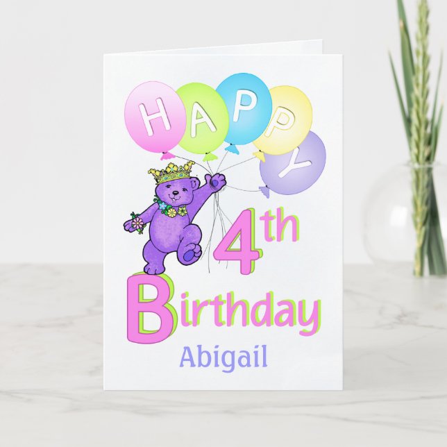 4th Birthday Princess Bear, Custom Name Card (Front)