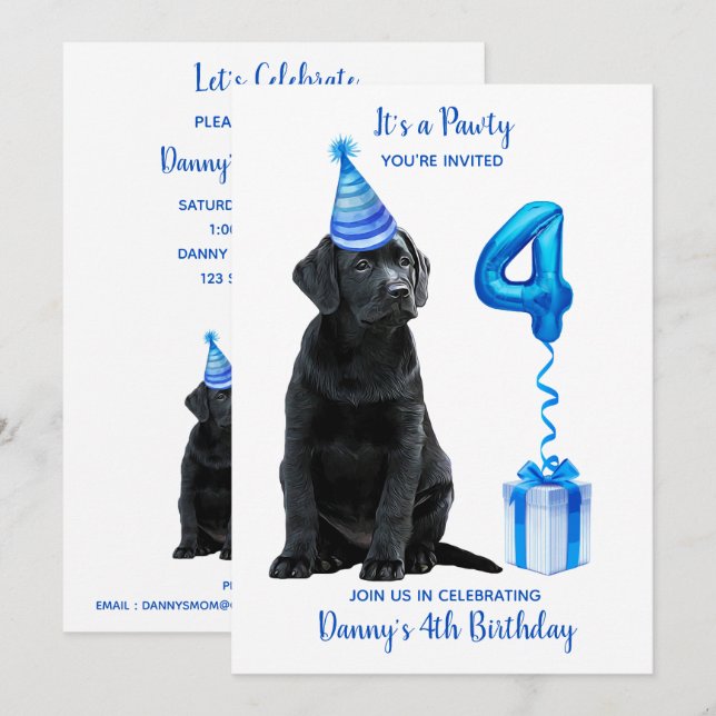 4th Birthday Puppy Theme- Cute Dog Blue Boy Pawty Invitation (Front/Back)