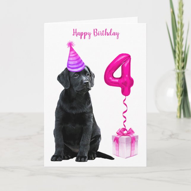 4th Birthday Puppy Theme- Cute Dog Pink Girl Pawty Card (Front)