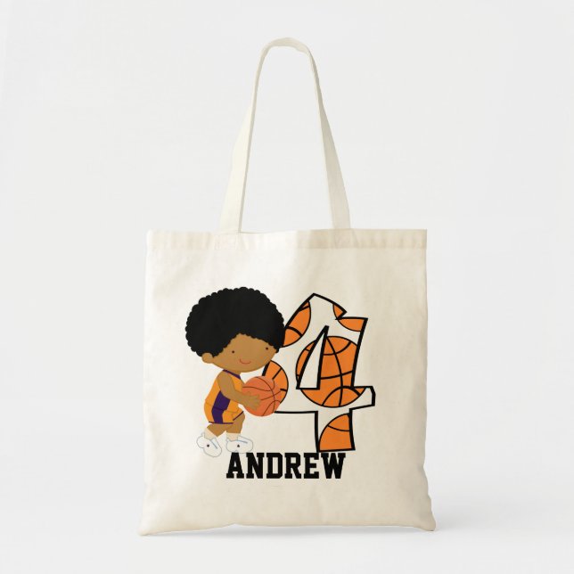 4th Birthday Purple and Orange Basketball Player Tote Bag (Front)