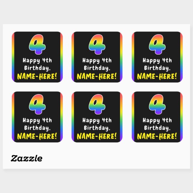 4th Birthday: Rainbow Spectrum # 4, Custom Name Square Sticker (Sheet)
