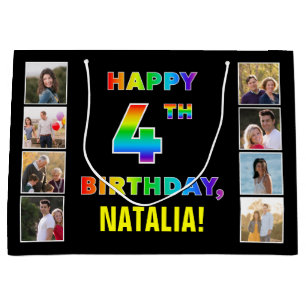 4th Birthday: Rainbow Text, Custom Photos & Name Large Gift Bag