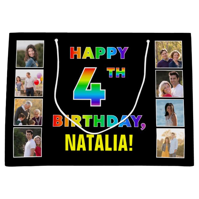 4th Birthday: Rainbow Text, Custom Photos & Name Large Gift Bag (Front)