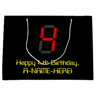 4th Birthday: Red Digital Clock Style "4" + Name Large Gift Bag