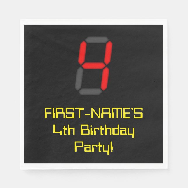 4th Birthday: Red Digital Clock Style "4" + Name Napkin (Front)