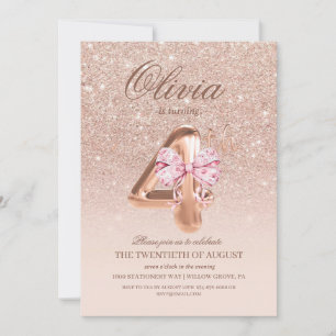 4th Birthday Rose Pink Gold Bow Birthday Party Invitation