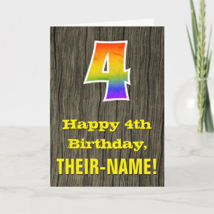 4th Birthday: Rustic Faux Wood Look, Rainbow "4" Card