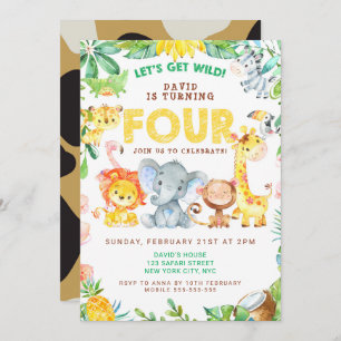 4th Birthday Safari Animals Jungle Theme Zoo FOUR Invitation