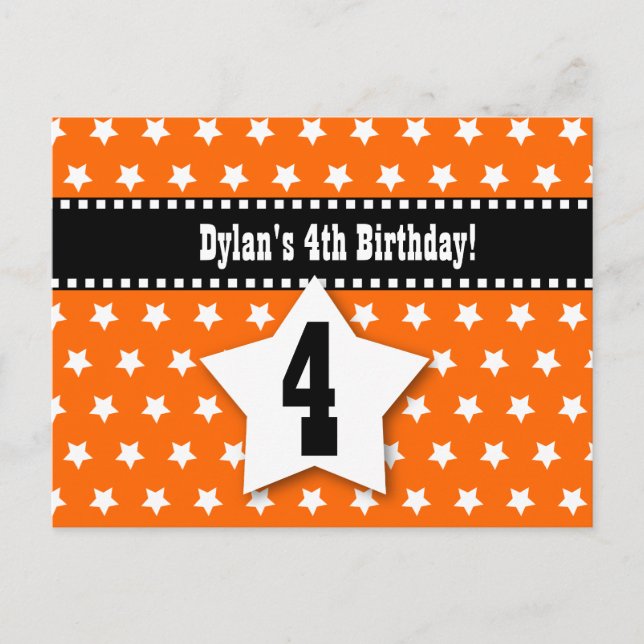 4th Birthday Save the Date D001 ORANGE STARS Announcement Postcard (Front)