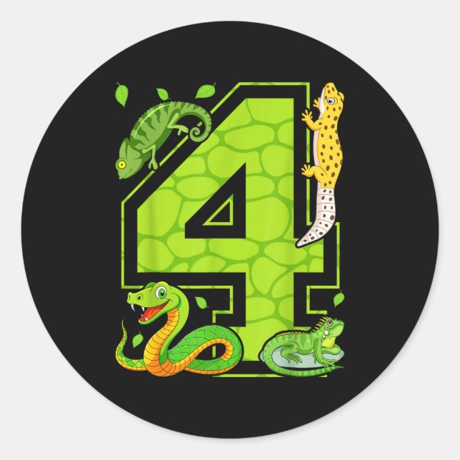 4th Birthday Snake Lizard Reptile 4 Year Old Party Classic Round Sticker (Front)