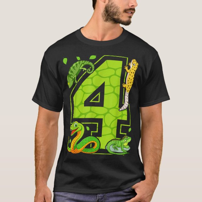 4th Birthday Snake Lizard Reptile 4 Year Old Party T-Shirt (Front)