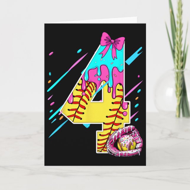 4th Birthday Softll Ice Cream Drip Bow 4 Years Kid Card (Front)