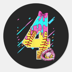4th Birthday Softll Ice Cream Drip Bow 4 Years Kid Classic Round Sticker
