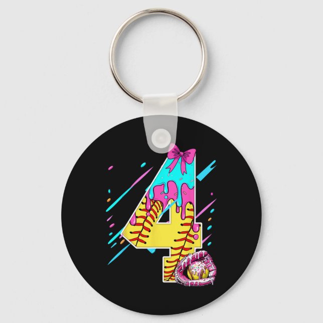 4th Birthday Softll Ice Cream Drip Bow 4 Years Kid Key Ring (Front)