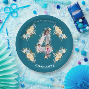 4th Birthday Teal Photo Collage Blue Yellow Flower Paper Plate