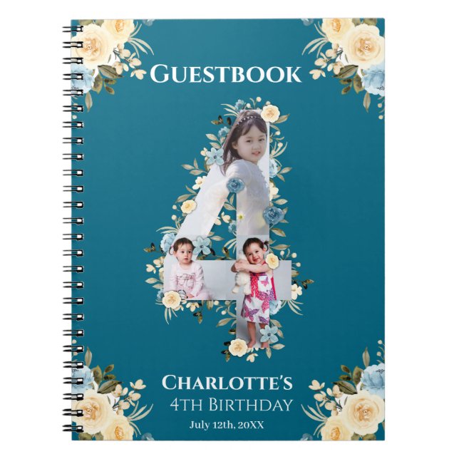 4th Birthday Teal Photo Yellow Flower Guest Book (Front)