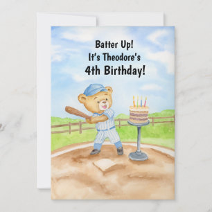 4th Birthday Tee Ball Teddy Bear Baseball Invitation