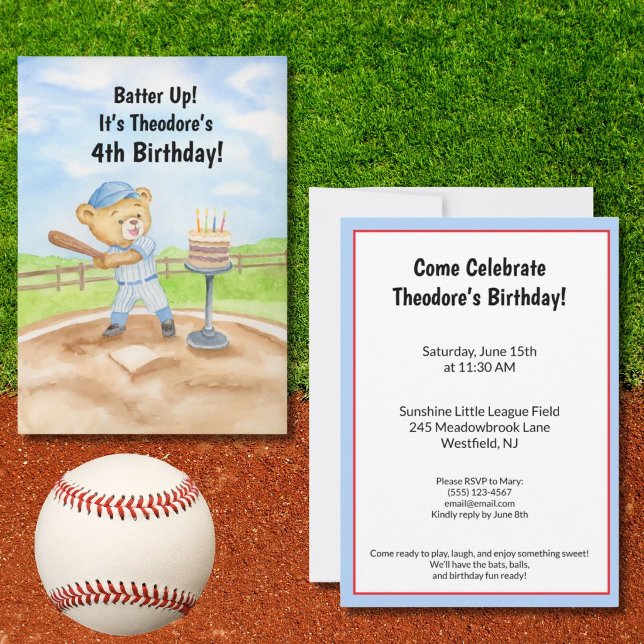 4th Birthday Tee Ball Teddy Bear Baseball Invitation (Creator Uploaded)