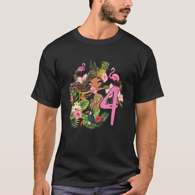 4Th Birthday Tiki Party Summer Hula Hawaiian Luau T-Shirt (Front)