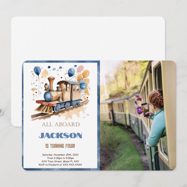 4th Birthday Train Photo Invitation (Front/Back)