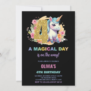 4th Birthday Unicorn Birthday Invitations