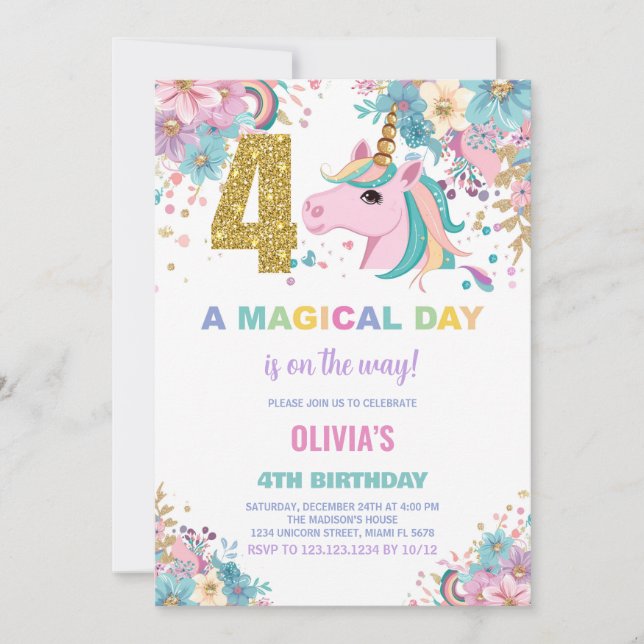 4th Birthday Unicorn Birthday Invitations (Front)