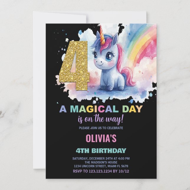 4th Birthday Unicorn Birthday Invitations (Front)