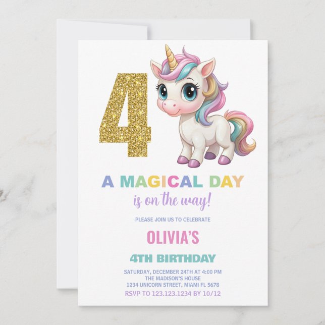4th Birthday Unicorn Birthday Invitations (Front)