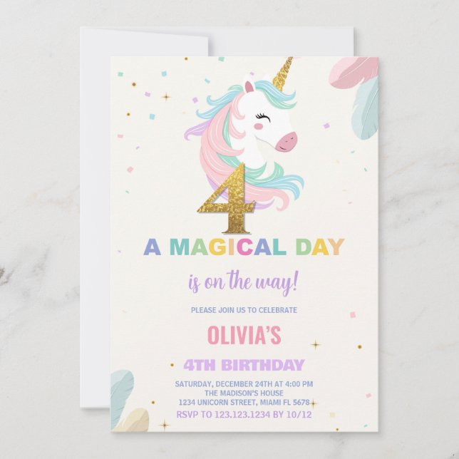 4th Birthday Unicorn Birthday Invitations (Front)