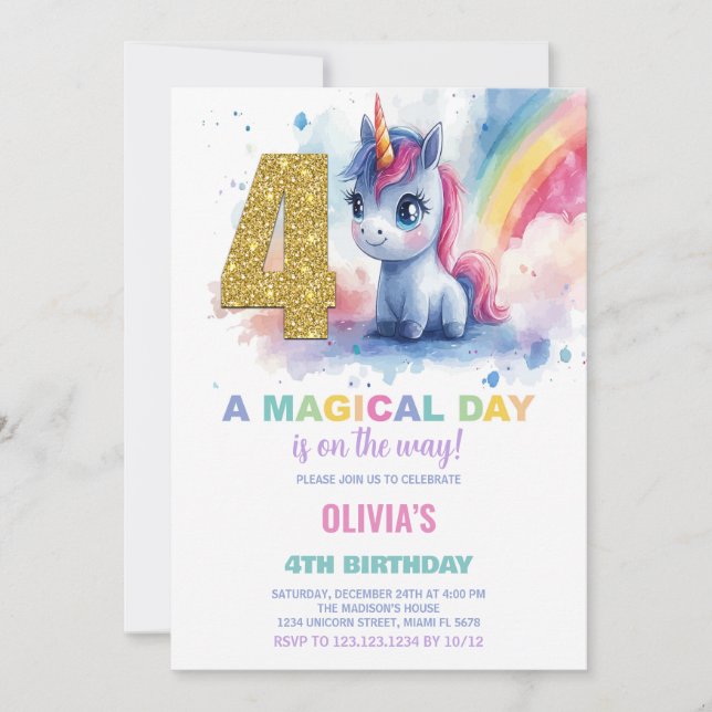 4th Birthday Unicorn Birthday Invitations (Front)
