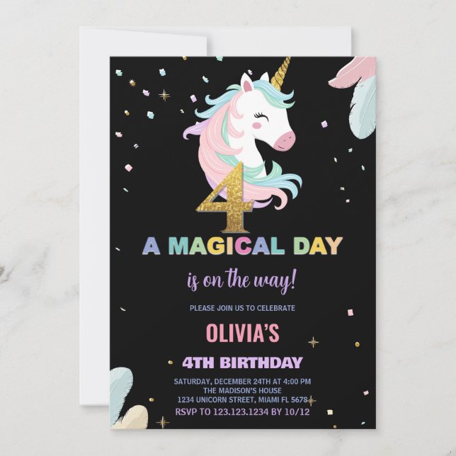 4th Birthday Unicorn Birthday Invitations (Front)