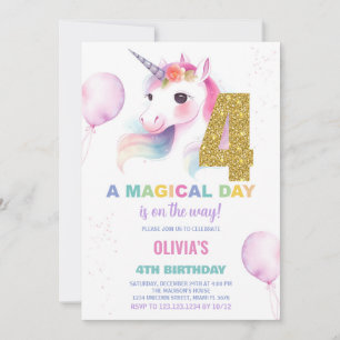 4th Birthday Unicorn Birthday Invitations