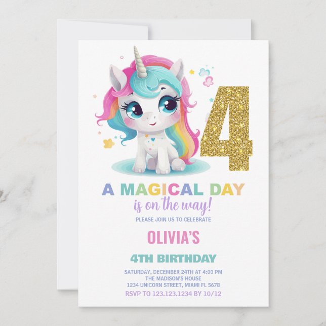 4th Birthday Unicorn Birthday Invitations (Front)