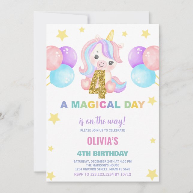 4th Birthday Unicorn Birthday Invitations (Front)