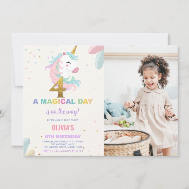 4th Birthday Unicorn Birthday Invitations photo (Front)