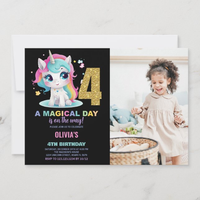 4th Birthday Unicorn Birthday Invitations photo (Front)