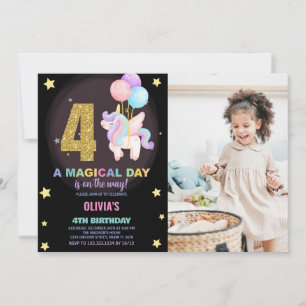 4th Birthday Unicorn Birthday Invitations w photo