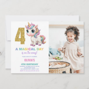 4th Birthday Unicorn Birthday Invitations w photo