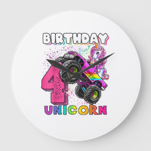 4th Birthday Unicorn Monster Truck Birthday Party Large Clock